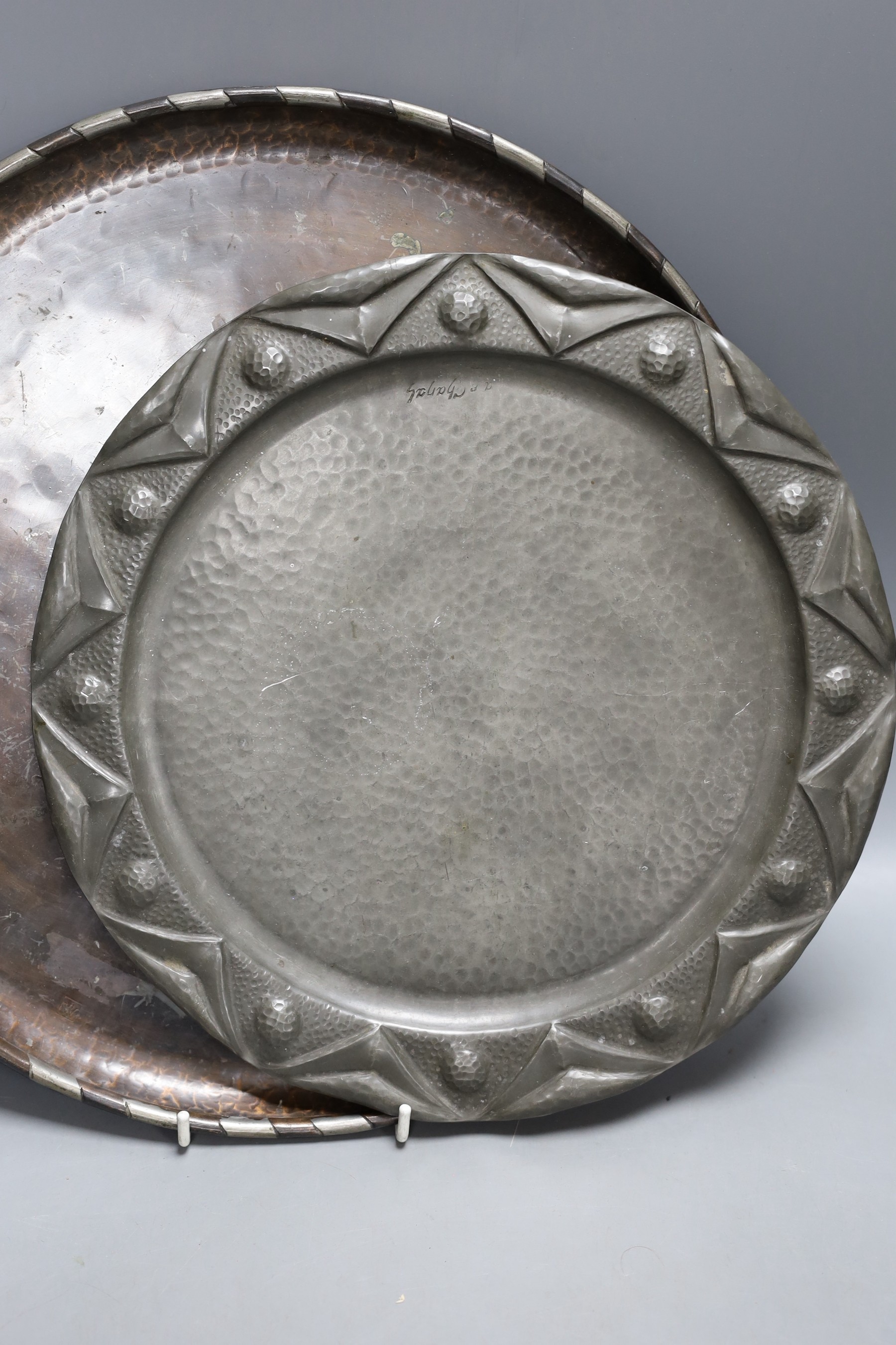 An Arts and Crafts copper box, Hugh Wallis tray and two other items